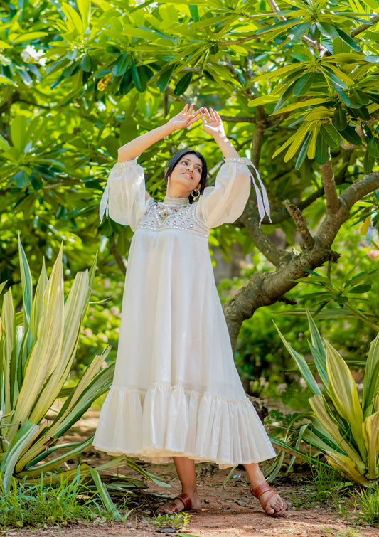 Women’s wear - Embroidered Chanderi white maxi Dress with Slit Sleeves
