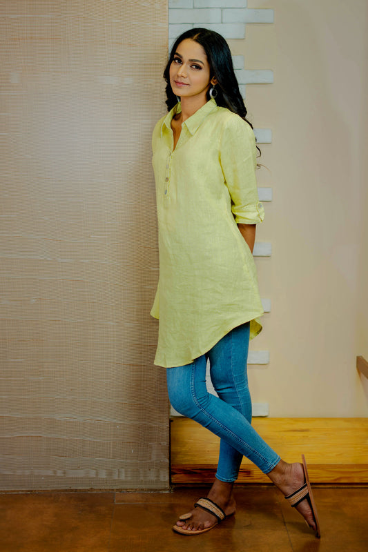Yellow Linen Shirt Collar Dress