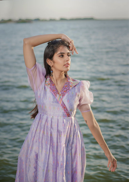 Hand Embroidered Lavender Ikat Silk Dress