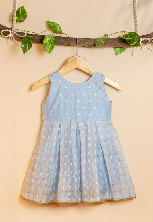 Kids girls - Sky Blue Chanderi Frock with Mirror Embroidery